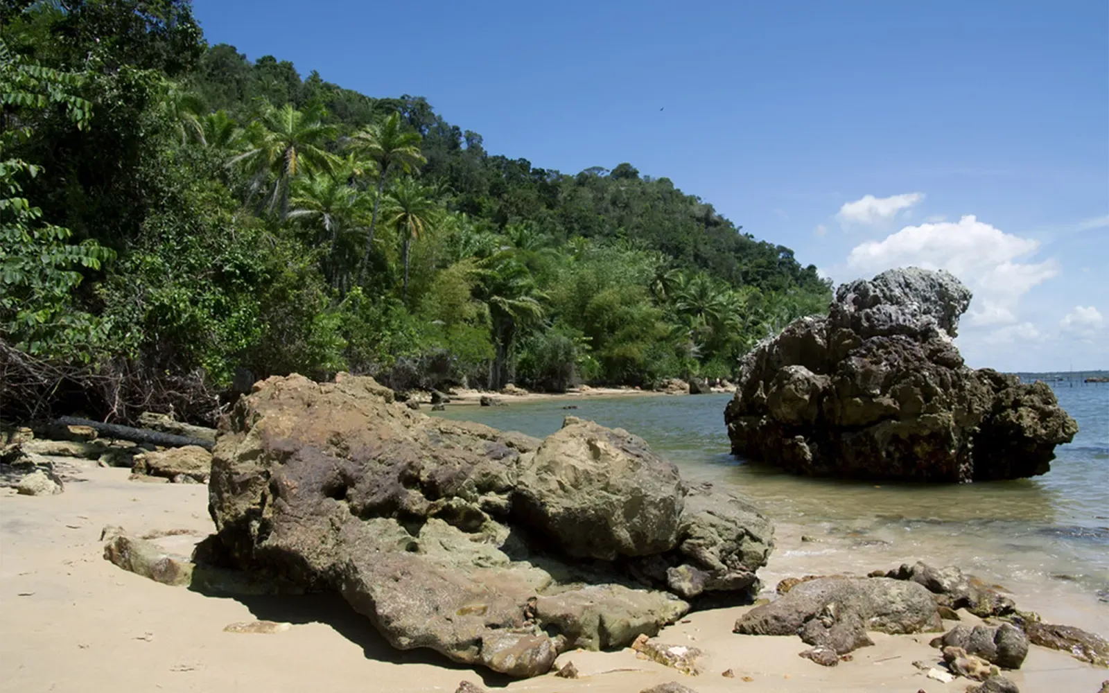 Lancha e mar calmo no passeio para Gamboa do Morro, na Ilha de Tinharé